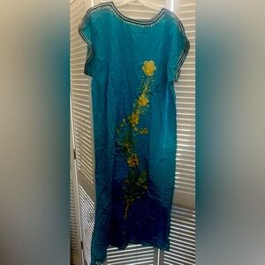 Vintage house dress kimono style blue with gold embroidery.